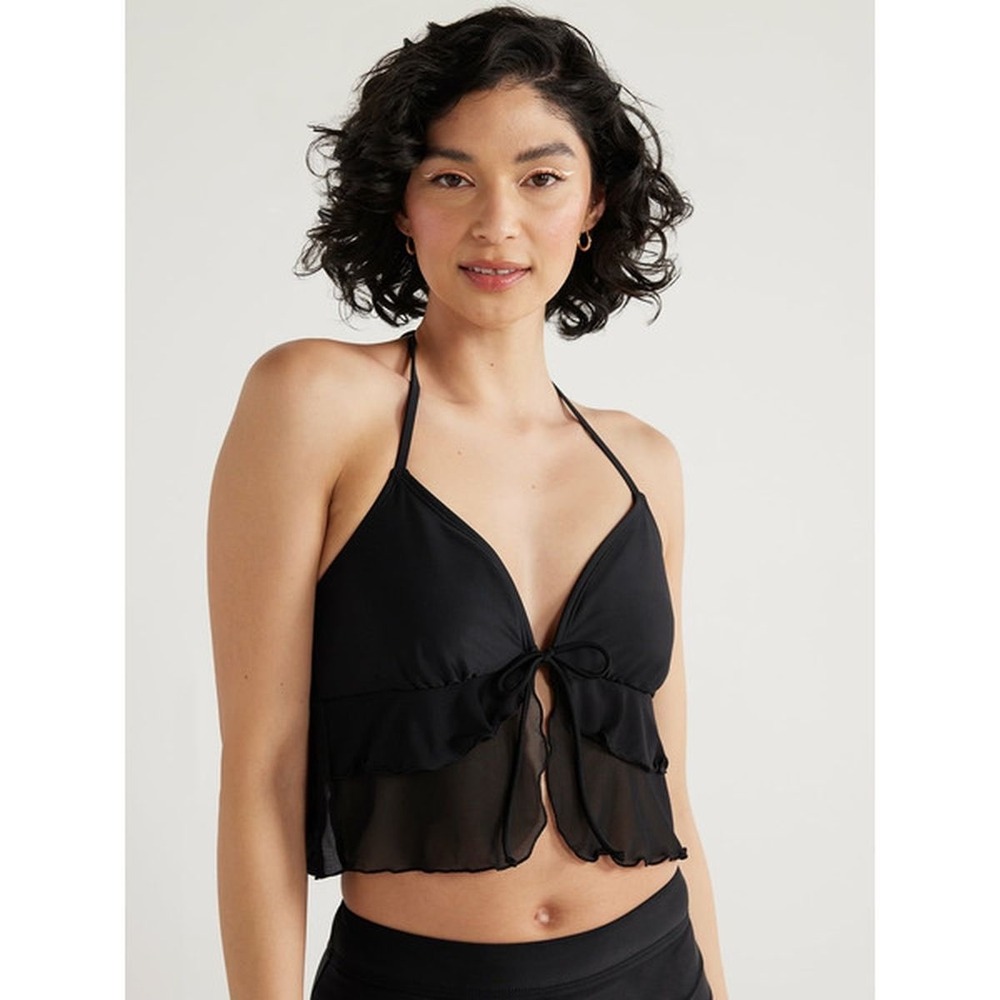 No Boundaries Rich Black Mesh Ruffle Halter Swim Bikini Top XS NWT